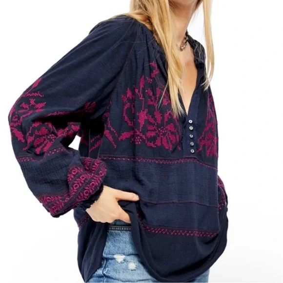 Free People Persuasion Embroidered Top Womens M Oversized Slouchy Boho Hippie - Picture 1 of 9